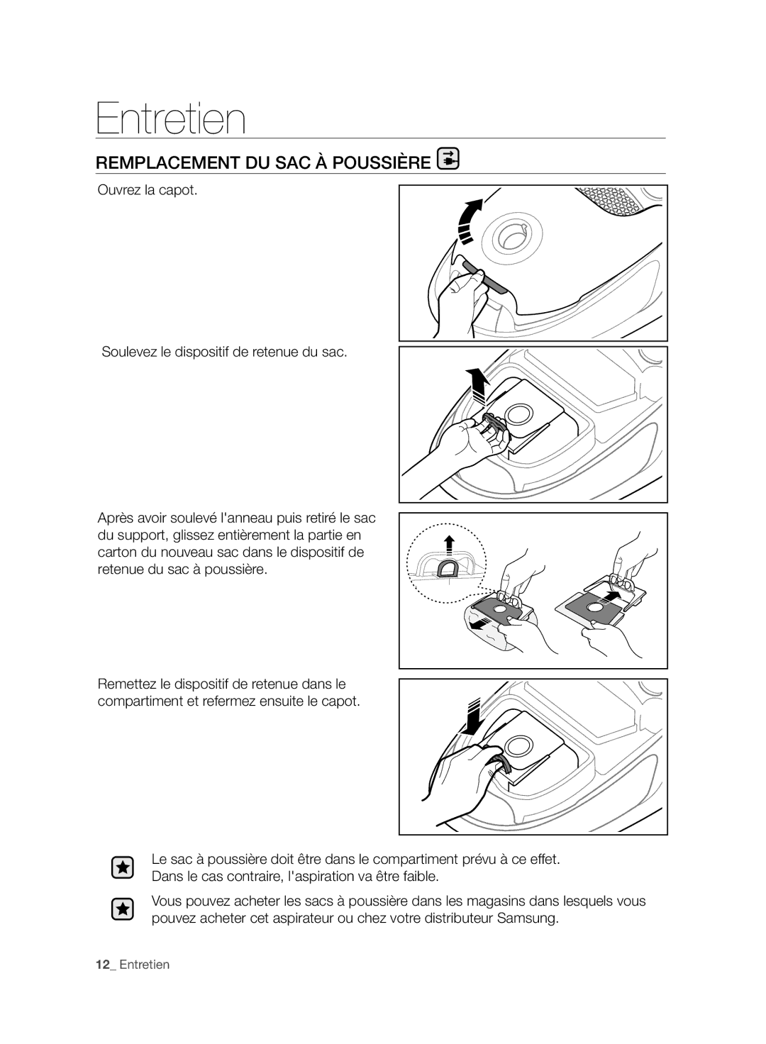 Samsung VC15F30WNCN/GE, VC15F30WNBR/GE, VC15F30WNCN/SW manual Entretien, Remplacement DU SAC À Poussière 