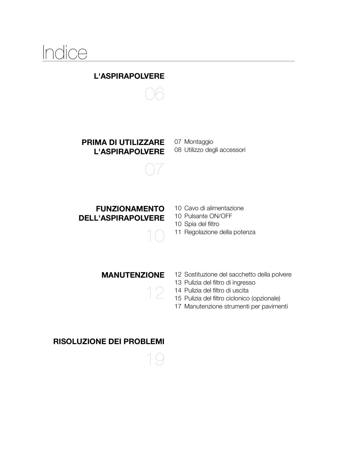 Samsung VC15F30WNCN/SW, VC15F30WNBR/GE, VC15F30WNCN/GE manual Indice, Funzionamento 