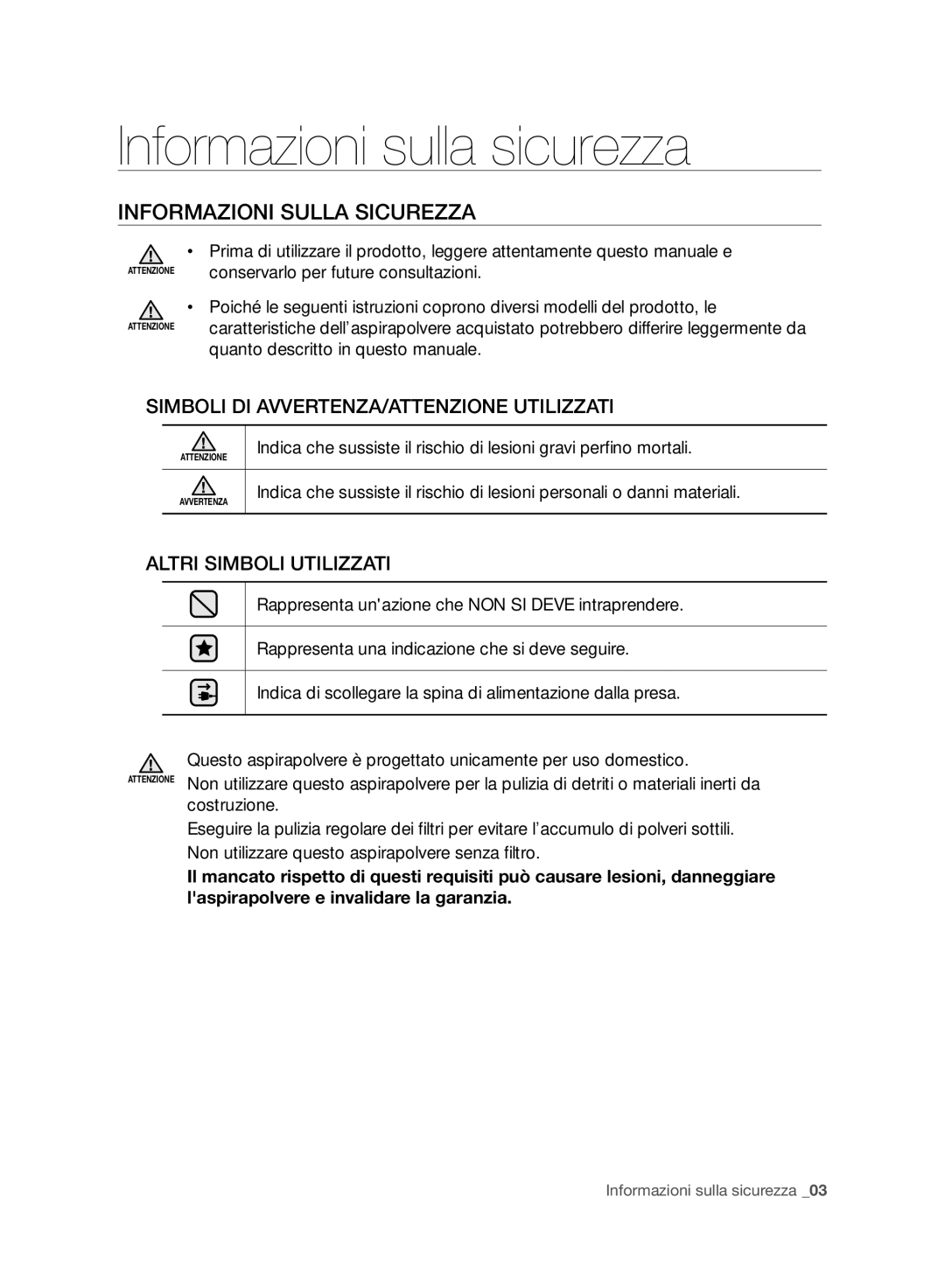 Samsung VC15F30WNBR/GE, VC15F30WNCN/GE, VC15F30WNCN/SW manual Informazioni sulla sicurezza, Informazioni Sulla Sicurezza 