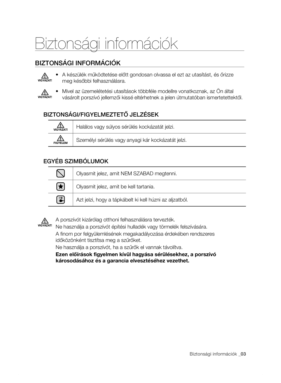 Samsung VC15F30WNLL/GE, VC15F30WNHR/GE, VC15F30WNDY/GE, VC15F30WNBR/GE manual Biztonsági információk, Biztonsági Információk 