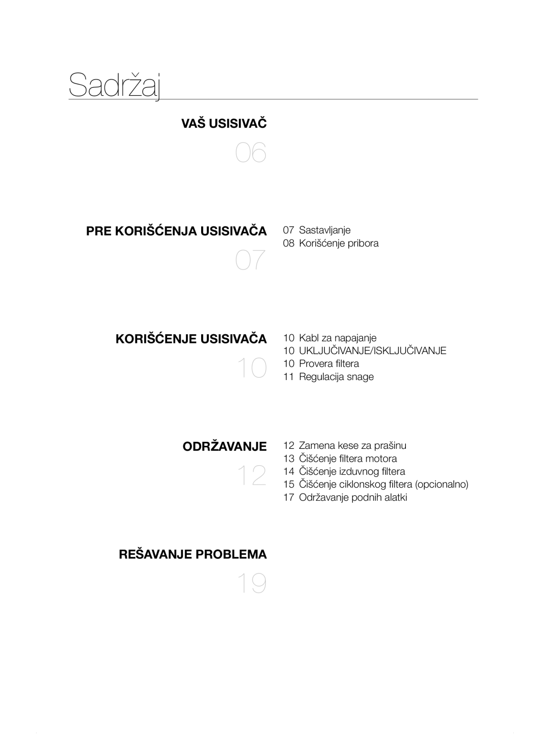 Samsung VC15F30WNBR/GE, VC15F30WNHR/GE, VC15F30WNDY/GE, VC15F30WNLL/GE Sadržaj, VAŠ Usisivač, Održavanje, Rešavanje Problema 