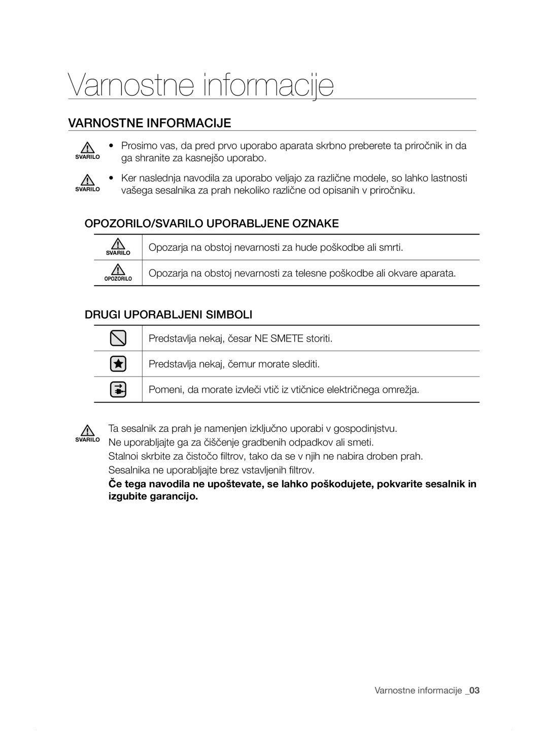 Samsung VC15F30WNLL/GE, VC15F30WNHR/GE Varnostne informacije, VARNOSTNE Informacije, OPOZORILO/SvARILO Uporabljene Oznake 