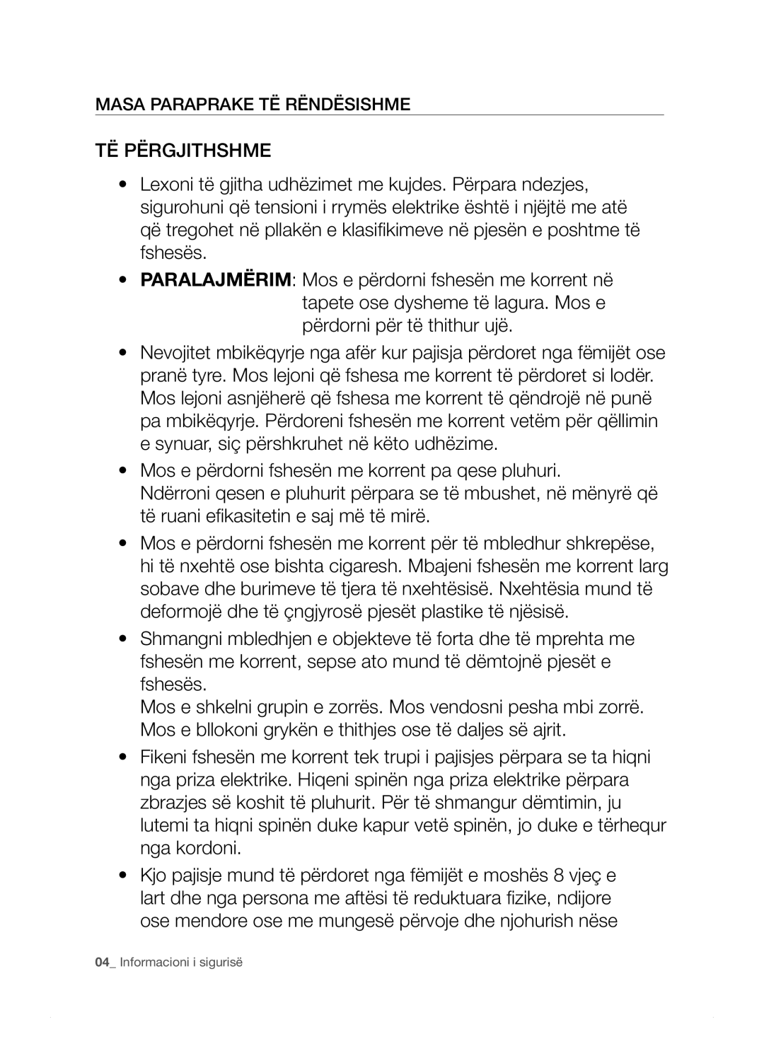 Samsung VC15F30WNJN/GE, VC15F30WNHR/GE, VC15F30WNDY/GE, VC15F30WNBR/GE manual TË Përgjithshme, Masa Paraprake TË Rëndësishme 