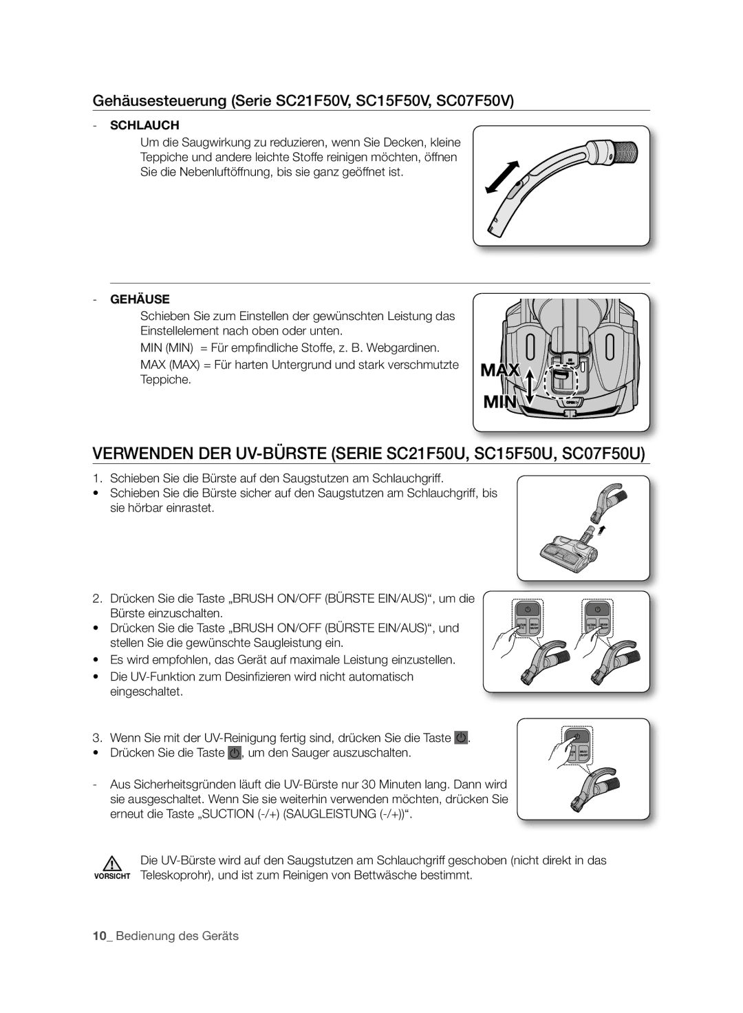 Samsung VC07F50VN3Y/EG, VC15F50VN3Y/GE, VC21F50UKGC/TR manual Verwenden DER UV-BÜRSTE Serie SC21F50U, SC15F50U, SC07F50U 