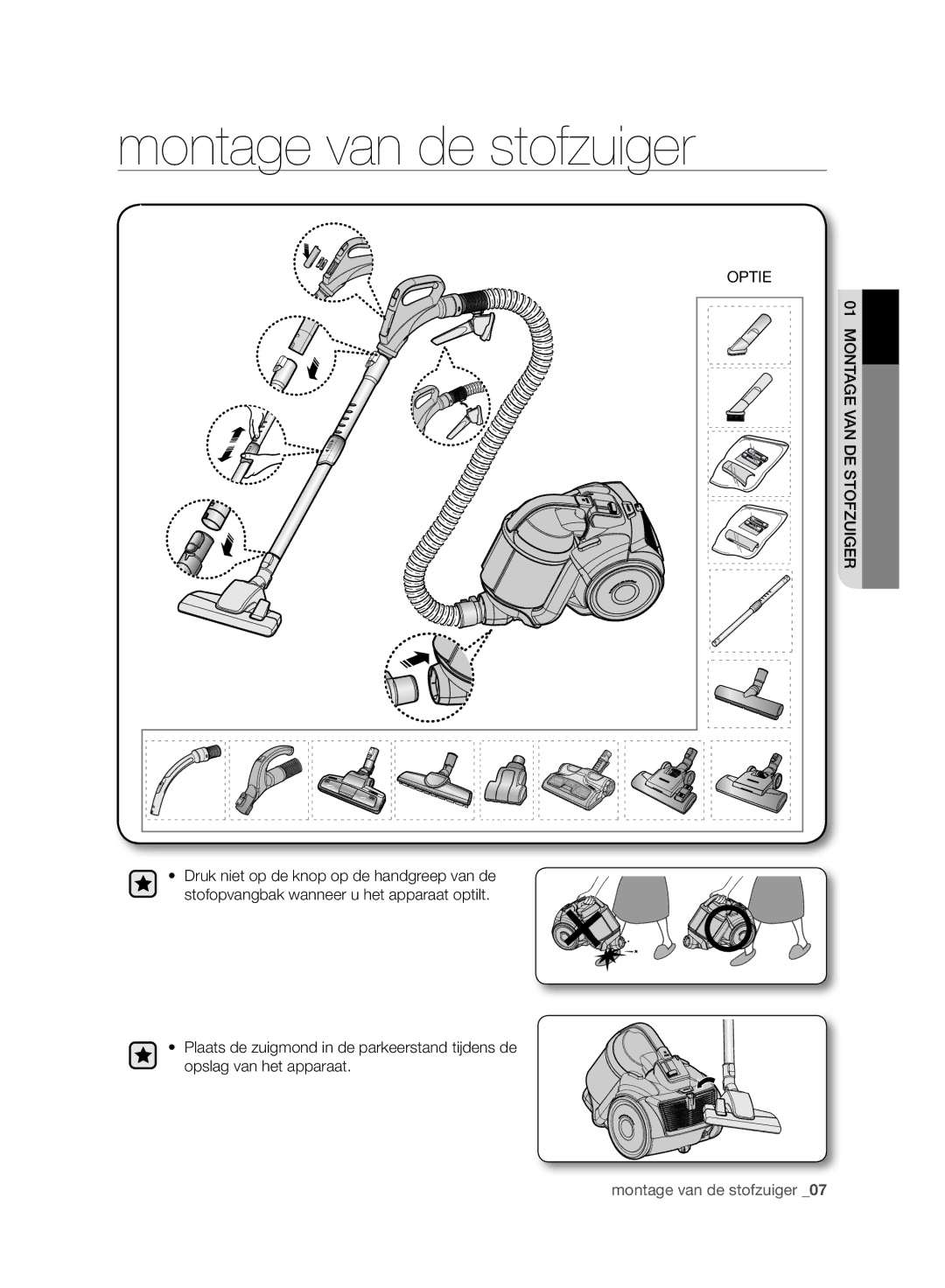 Samsung VC15F50VNVR/GE, VC15F50VN3Y/GE, VC21F50UKGC/TR, VC21F50HUDU/EG, VC15F50VN3Y/EG manual Montage van de stofzuiger 