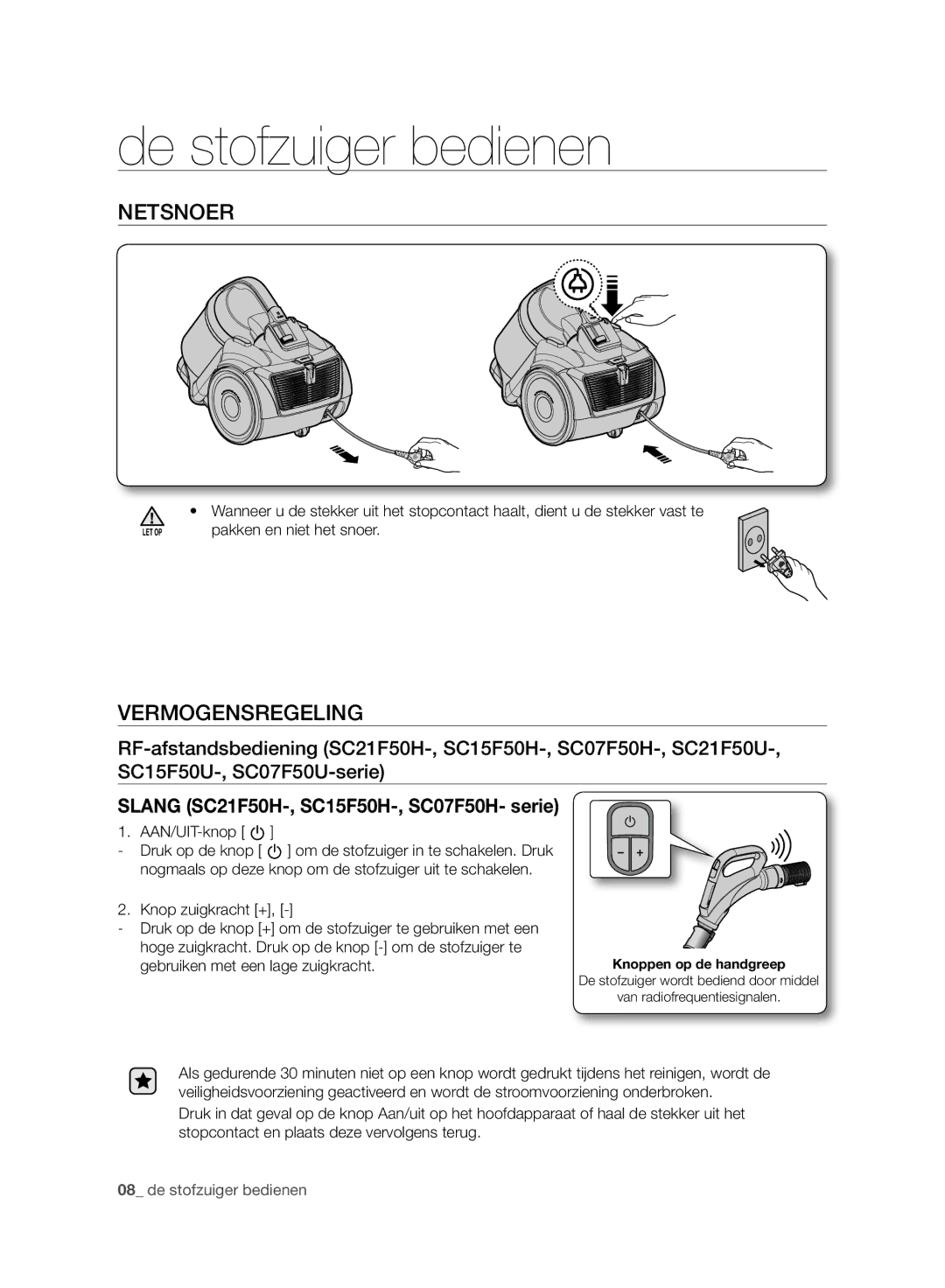 Samsung VC07F50HU1U/EG, VC15F50VN3Y/GE, VC21F50UKGC/TR, VC21F50HUDU/EG De stofzuiger bedienen, Netsnoer, Vermogensregeling 