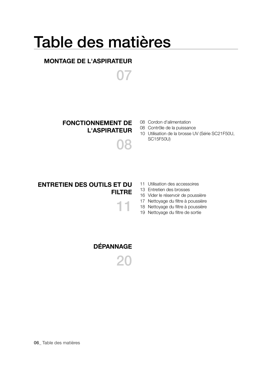 Samsung VC21F50VNAR/TR, VC15F50VN3Y/GE, VC21F50UKGC/TR, VC21F50HUDU/EG, VC15F50VN3Y/EG manual Table des matières, Laspirateur 