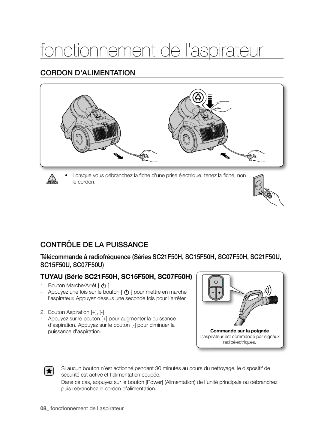 Samsung VC07F50HU1U/EG, VC15F50VN3Y/GE manual Fonctionnement de laspirateur, Cordon Dalimentation, Contrôle DE LA Puissance 