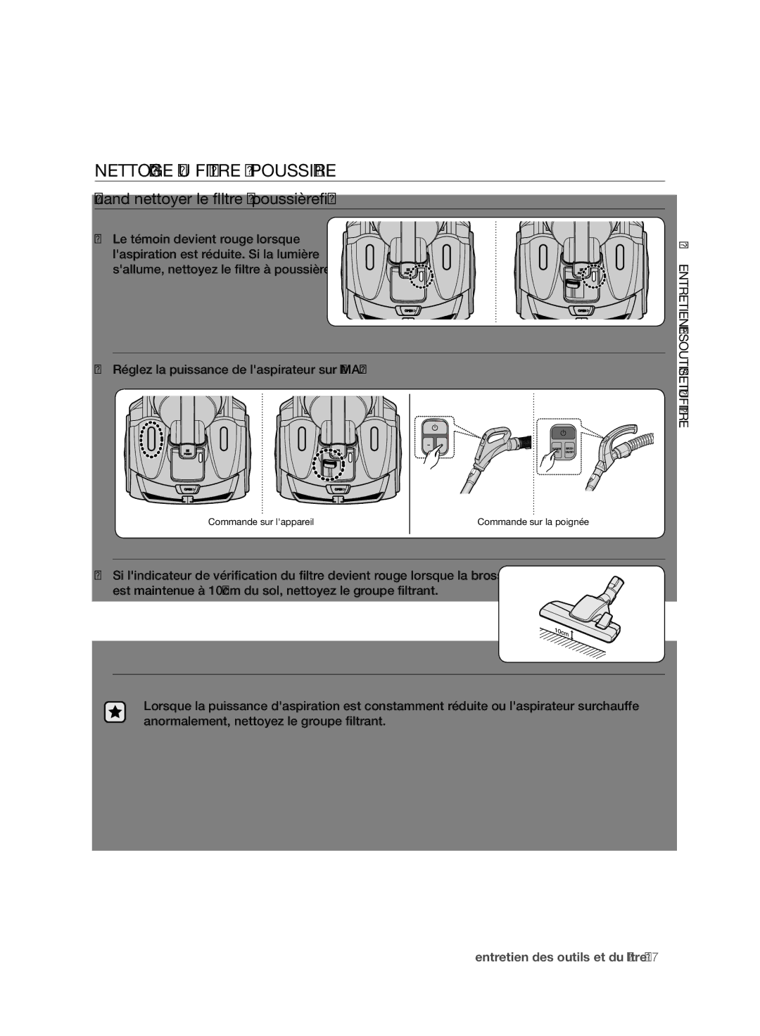 Samsung VC21F50VNAR/OL, VC15F50VN3Y/GE manual Nettoyage DU Filtre À Poussière, Quand nettoyer le filtre à poussière ? 