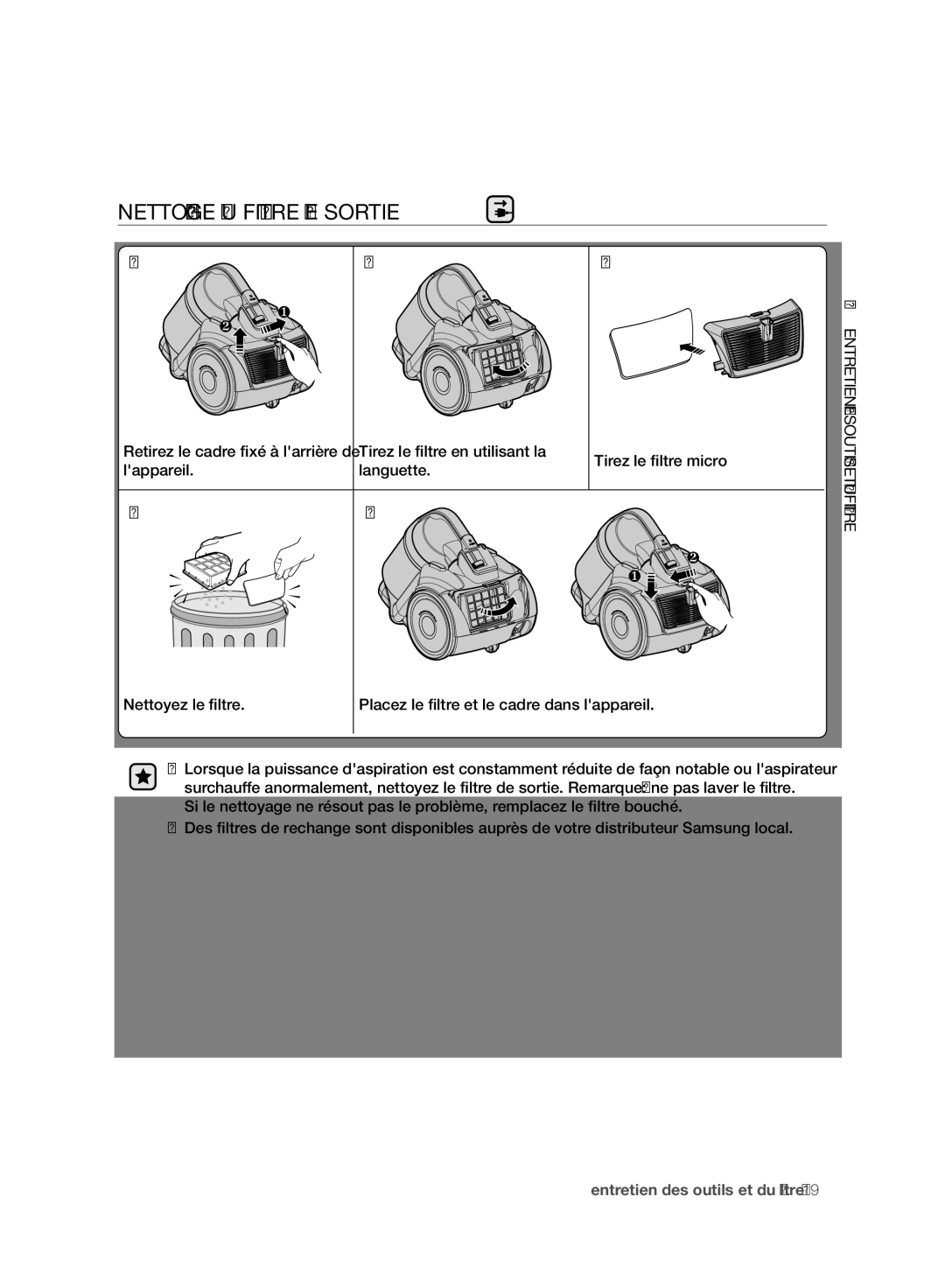 Samsung VC07F50VNVR/SW, VC15F50VN3Y/GE manual Nettoyage DU Filtre DE Sortie, Lappareil Languette Nettoyez le filtre 