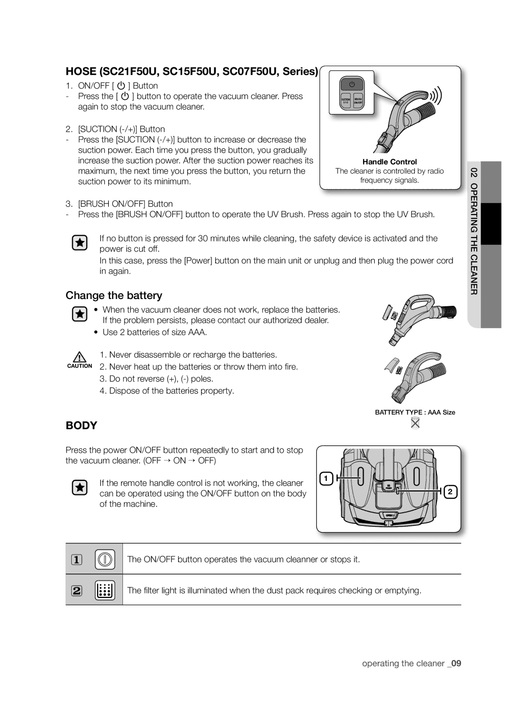 Samsung VC15F50HNQB/EG, VC15F50VN3Y/GE, VC21F50UKGC/TR manual Hose SC21F50U, SC15F50U, SC07F50U, Series, Change the battery 