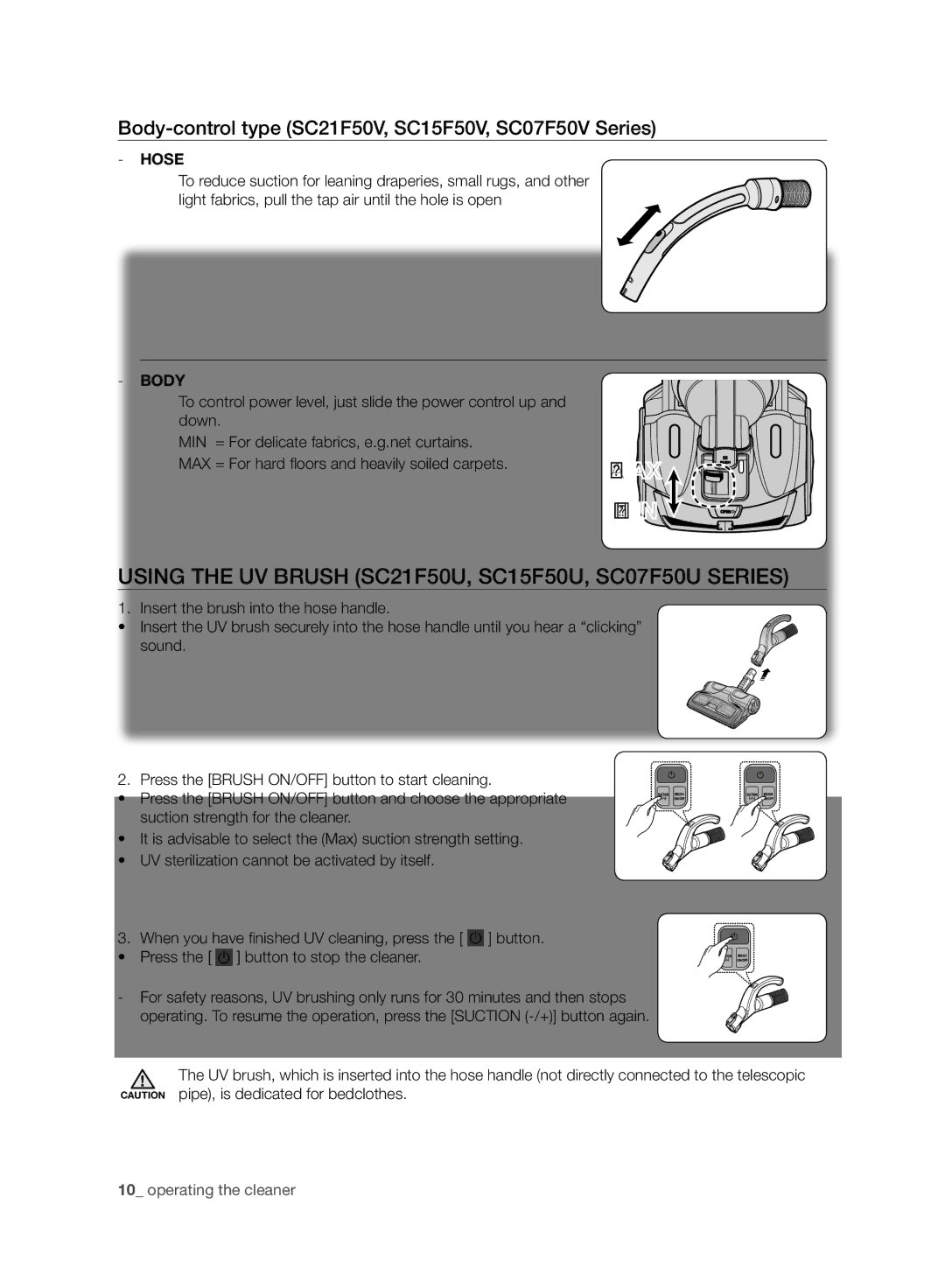 Samsung VC07F50VN3Y/EG, VC15F50VN3Y/GE, VC21F50UKGC/TR manual Using the UV Brush SC21F50U, SC15F50U, SC07F50U Series 