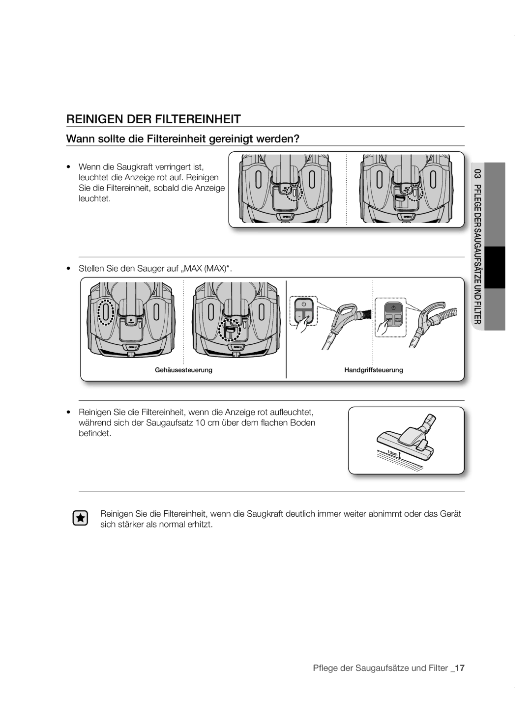 Samsung VC21F50VNAR/OL, VC15F50VN3Y/GE manual Reinigen DER Filtereinheit, Wann sollte die Filtereinheit gereinigt werden? 