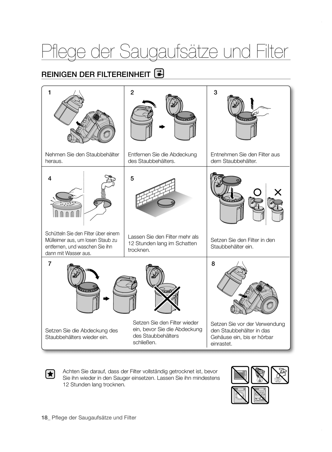 Samsung VC21F50HUDU/GE, VC15F50VN3Y/GE, VC21F50UKGC/TR manual Nehmen Sie den Staubbehälter Entfernen Sie die Abdeckung 