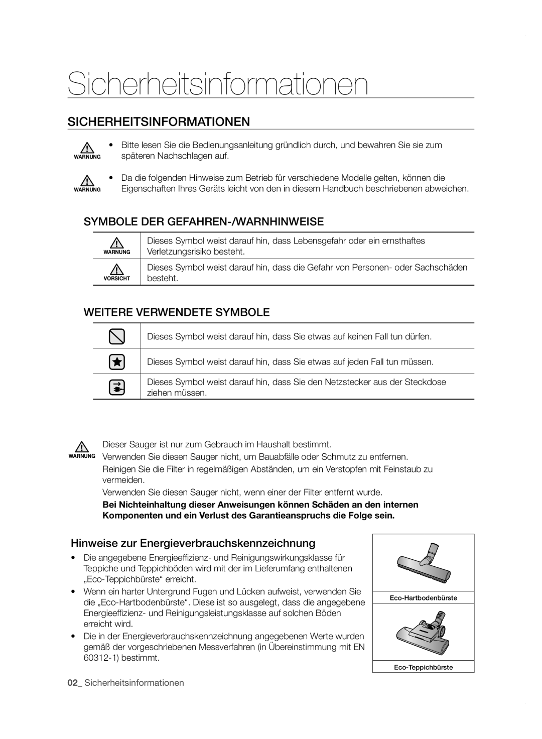 Samsung VC21F50HUDU/EG, VC15F50VN3Y/GE manual Sicherheitsinformationen, Hinweise zur Energieverbrauchskennzeichnung 