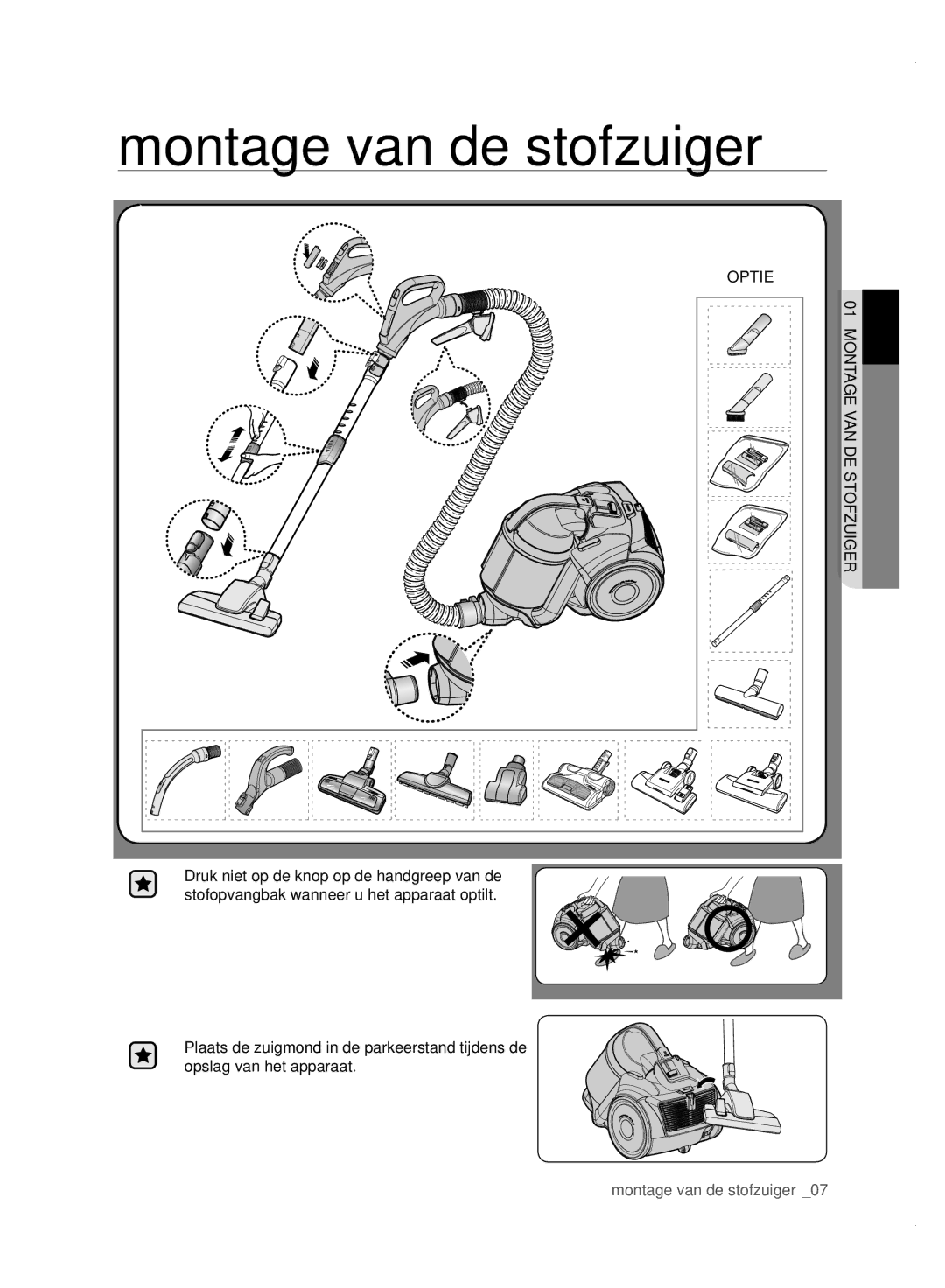 Samsung VC15F50VNVR/GE, VC15F50VN3Y/GE, VC21F50UKGC/TR, VC21F50HUDU/EG, VC15F50VN3Y/EG manual Montage van de stofzuiger 