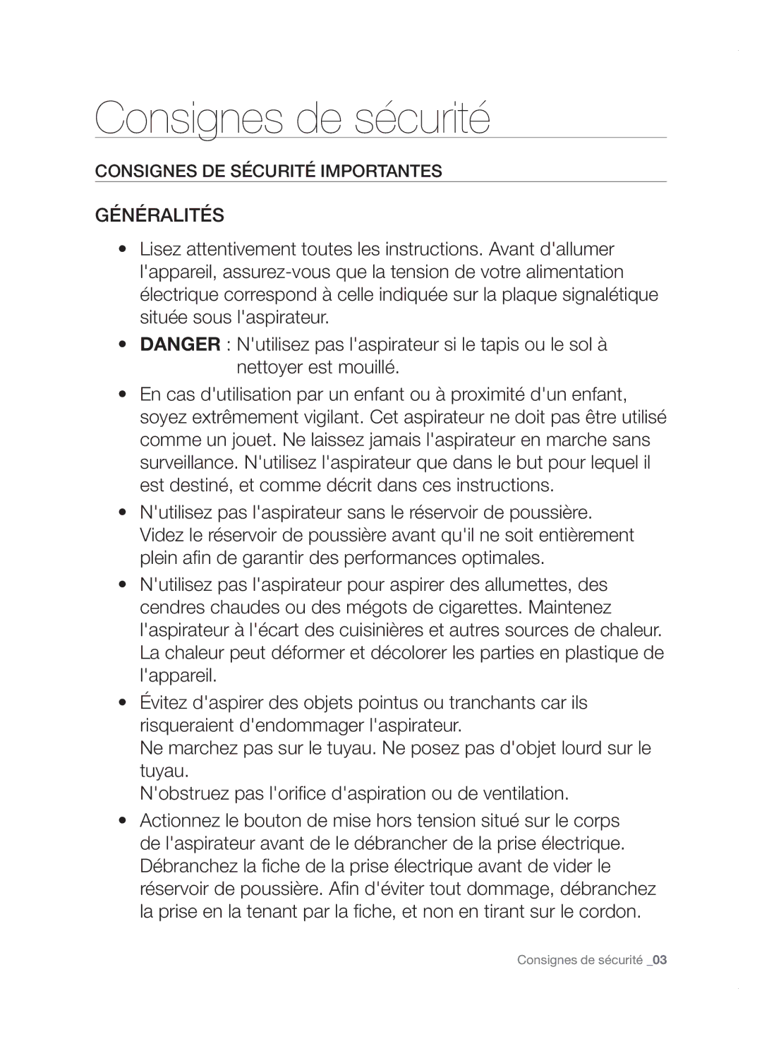 Samsung VC15F50VN3Y/EG, VC15F50VN3Y/GE, VC21F50UKGC/TR, VC21F50HUDU/EG manual Généralités, Consignes DE Sécurité Importantes 