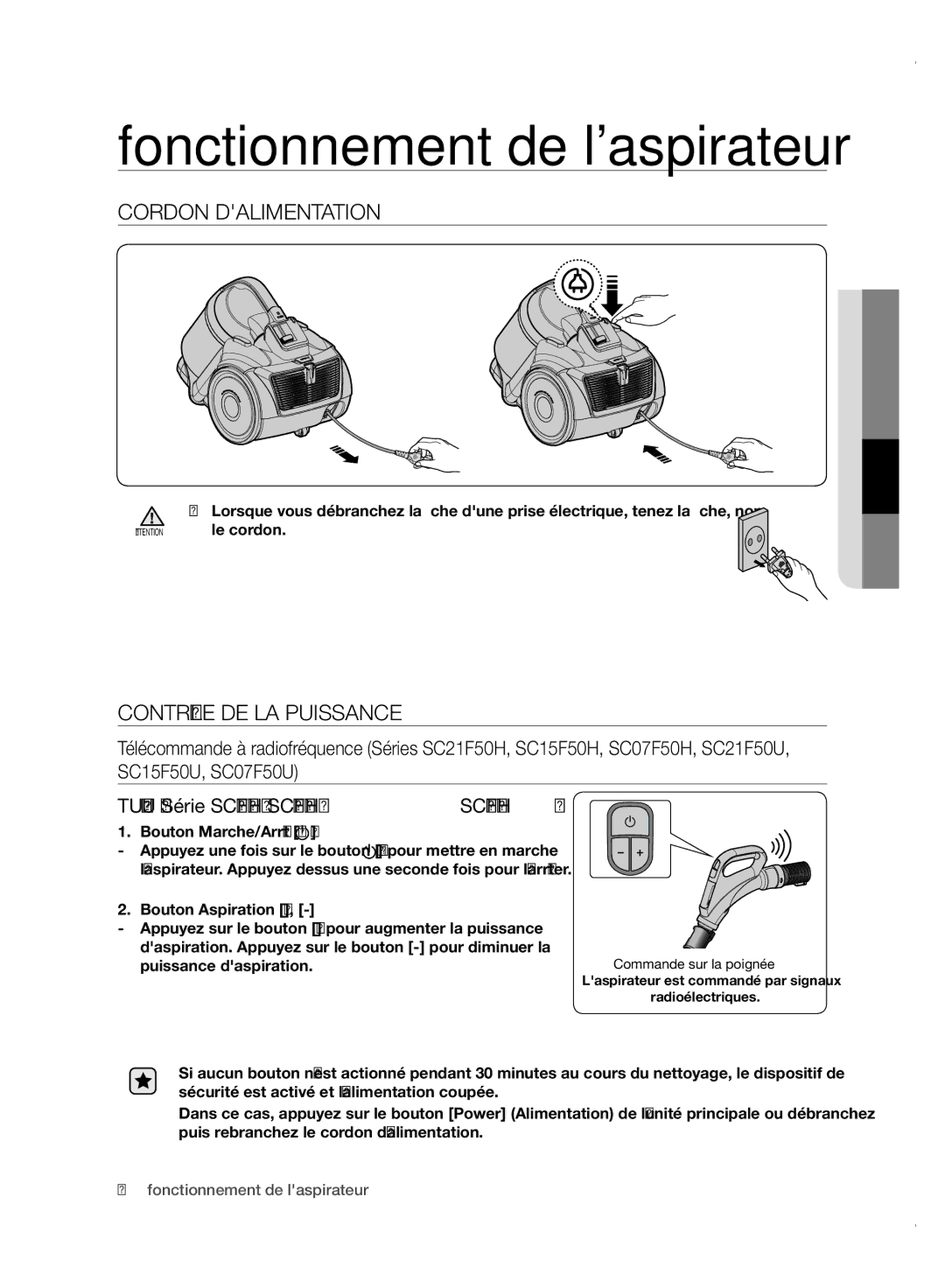 Samsung VC07F50HU1U/EG, VC15F50VN3Y/GE manual Fonctionnement de laspirateur, Cordon Dalimentation, Contrôle DE LA Puissance 