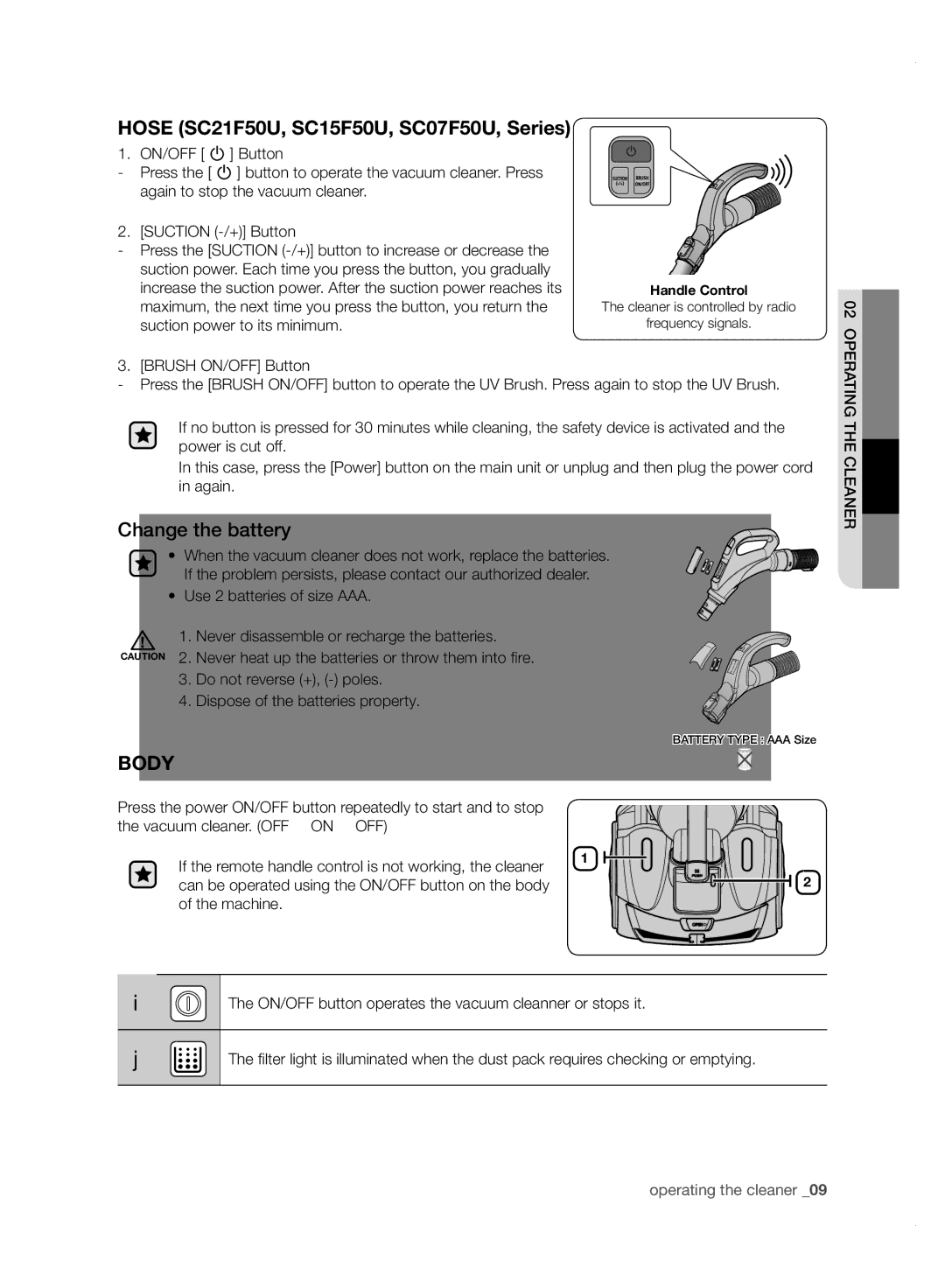 Samsung VC15F50HNQB/EG, VC15F50VN3Y/GE, VC21F50UKGC/TR manual Hose SC21F50U, SC15F50U, SC07F50U, Series, Change the battery 