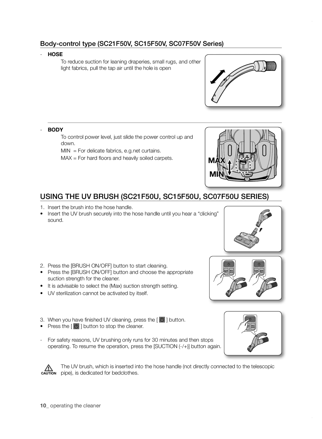 Samsung VC07F50VN3Y/EG, VC15F50VN3Y/GE, VC21F50UKGC/TR manual Using the UV Brush SC21F50U, SC15F50U, SC07F50U Series 