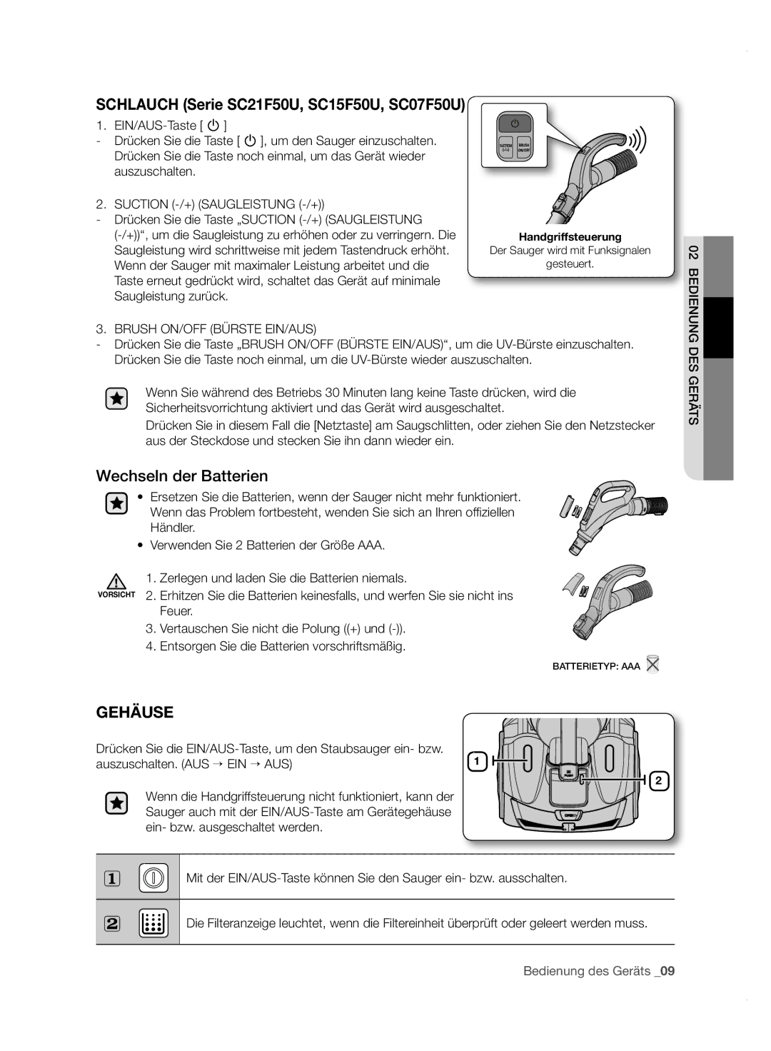 Samsung VC15F50HNQB/EG, VC15F50VN3Y/GE, VC21F50UKGC/TR Schlauch Serie SC21F50U, SC15F50U, SC07F50U, Wechseln der Batterien 