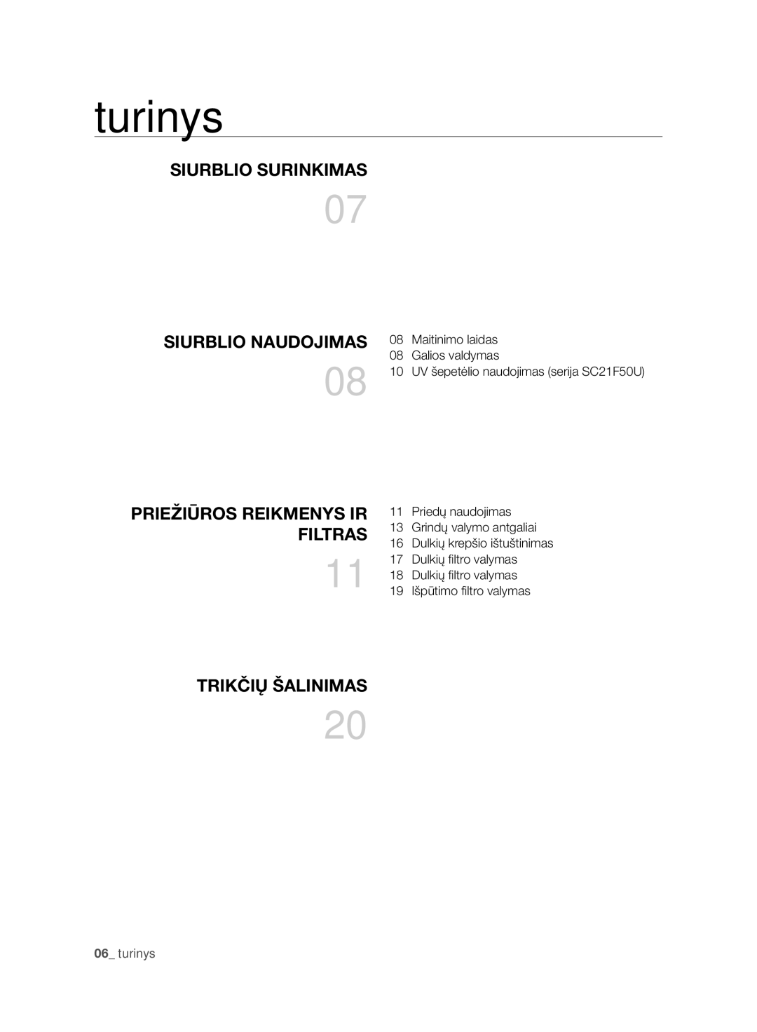 Samsung VC07F50VNVR/SB, VC15F50VNVR/SB, VC15F50HUYU/SB, VC21F50HUDU/SB, VC07F50HU1U/SB manual Turinys, Trikčių Šalinimas 