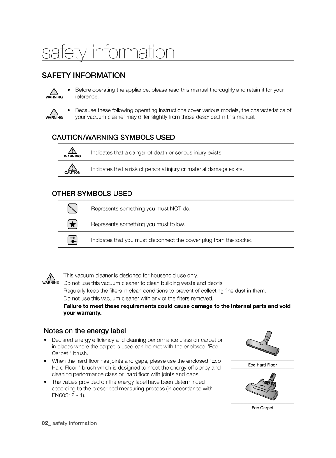 Samsung VC07F50VNVR/SB, VC15F50VNVR/SB, VC15F50HUYU/SB, VC21F50HUDU/SB, VC07F50HU1U/SB Safety information, Safety Information 