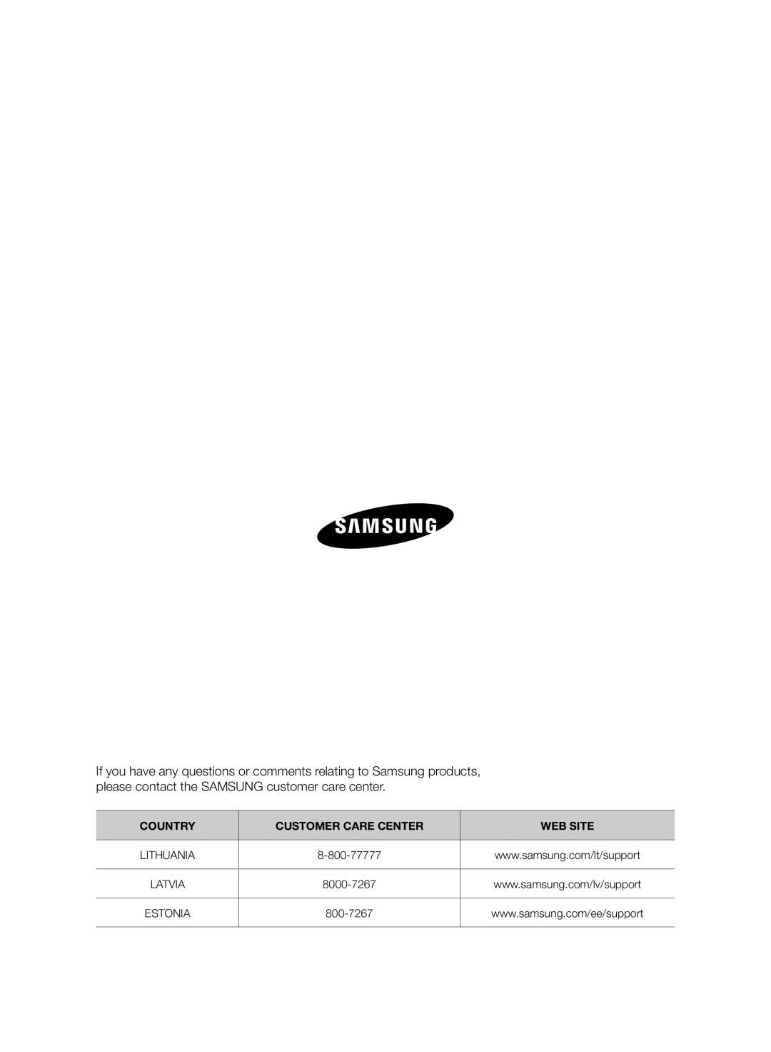 Samsung VC07F50HU1U/SB, VC15F50VNVR/SB, VC15F50HUYU/SB, VC07F50VNVR/SB, VC21F50HUDU/SB Country Customer Care Center WEB Site 