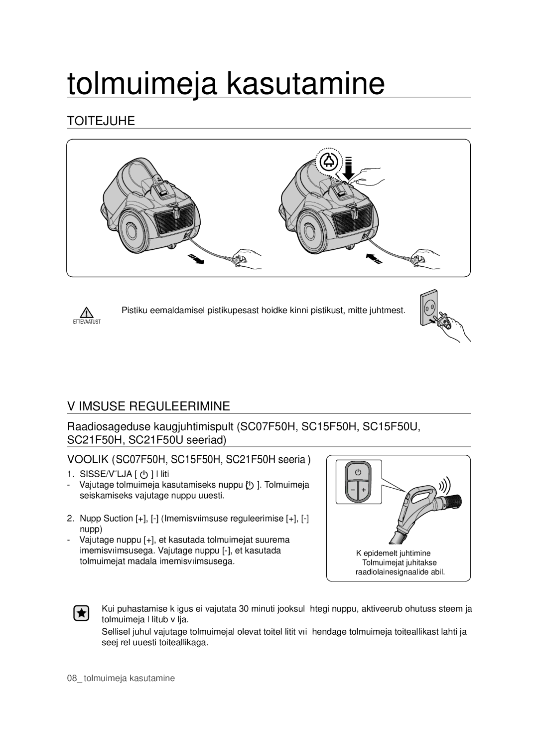 Samsung VC15F50HUYU/SB, VC15F50VNVR/SB, VC07F50VNVR/SB manual Tolmuimeja kasutamine, Toitejuhe, Võimsuse Reguleerimine 