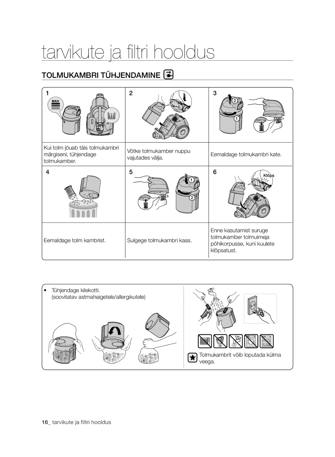 Samsung VC07F50HU1U/SB, VC15F50VNVR/SB, VC15F50HUYU/SB, VC07F50VNVR/SB, VC21F50HUDU/SB manual Tolmukambri Tühjendamine 