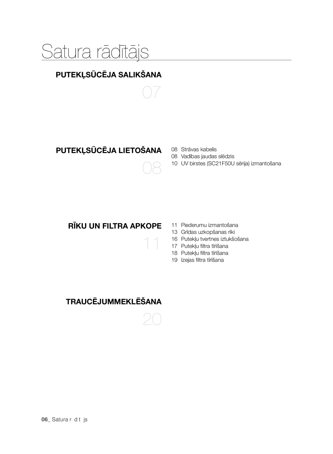 Samsung VC21F50HUDU/SB, VC15F50VNVR/SB, VC15F50HUYU/SB manual Satura rādītājs, Putekļsūcēja Salikšana Putekļsūcēja Lietošana 