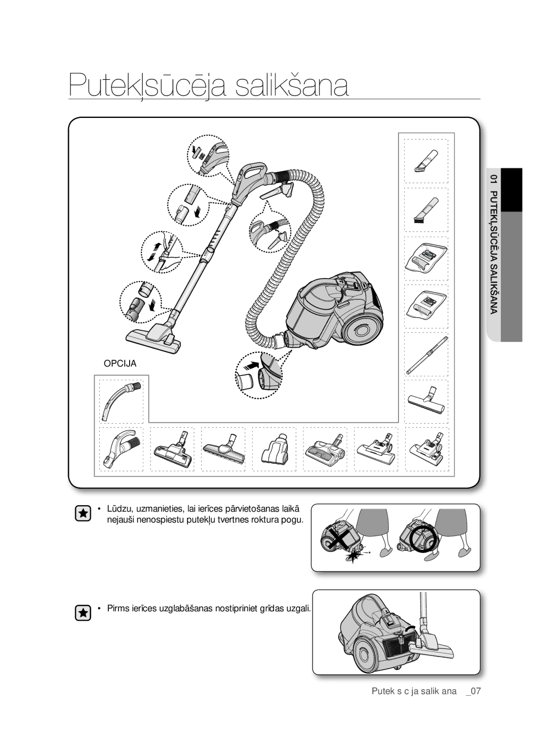 Samsung VC07F50HU1U/SB, VC15F50VNVR/SB, VC15F50HUYU/SB manual Putekļsūcēja salikšana, 01 Ļputeksūcēja Salikšana Opcija 