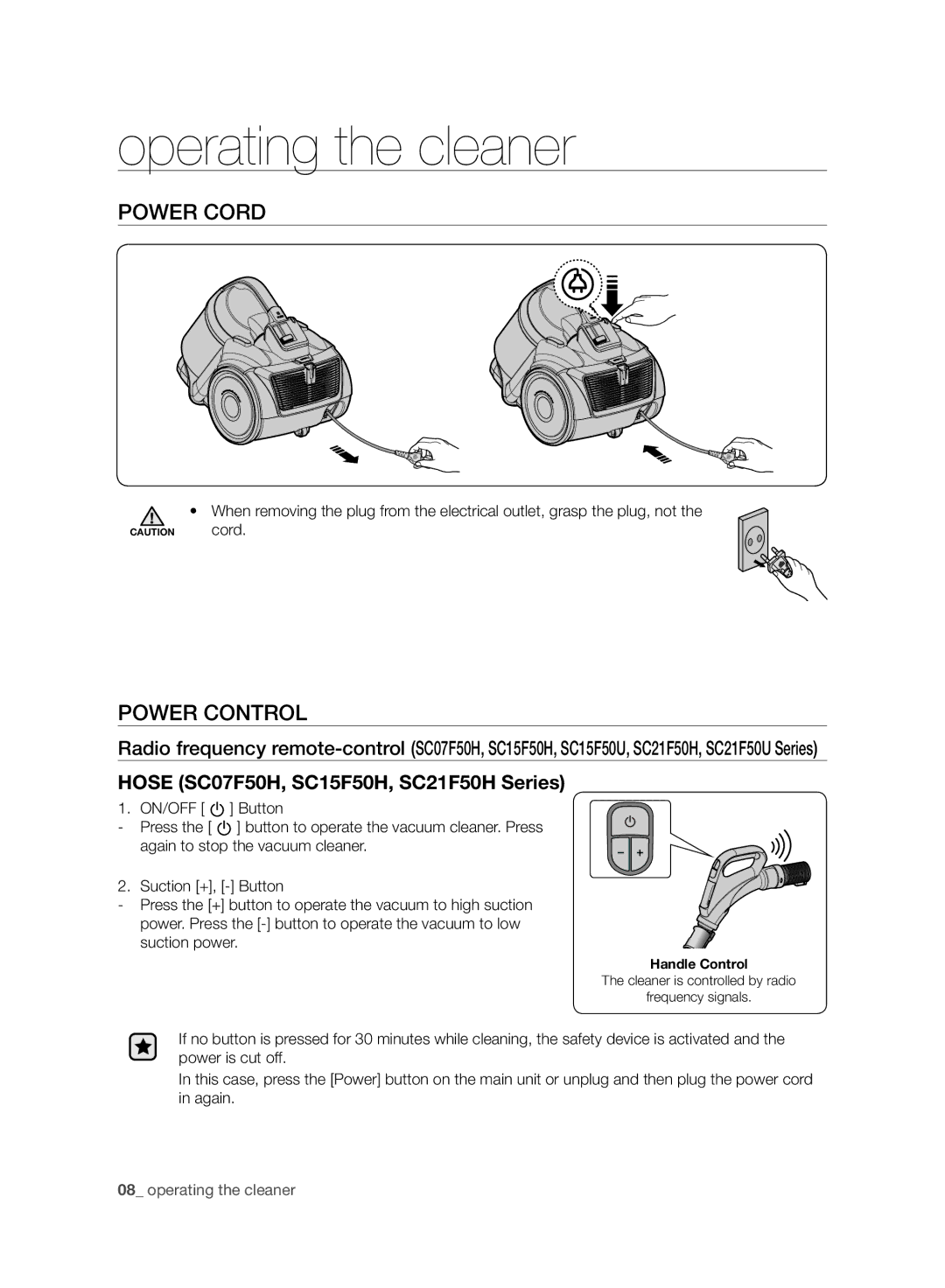 Samsung VC21F50HUDU/SB, VC15F50VNVR/SB, VC15F50HUYU/SB, VC07F50VNVR/SB manual Operating the cleaner, Power Cord, Power Control 