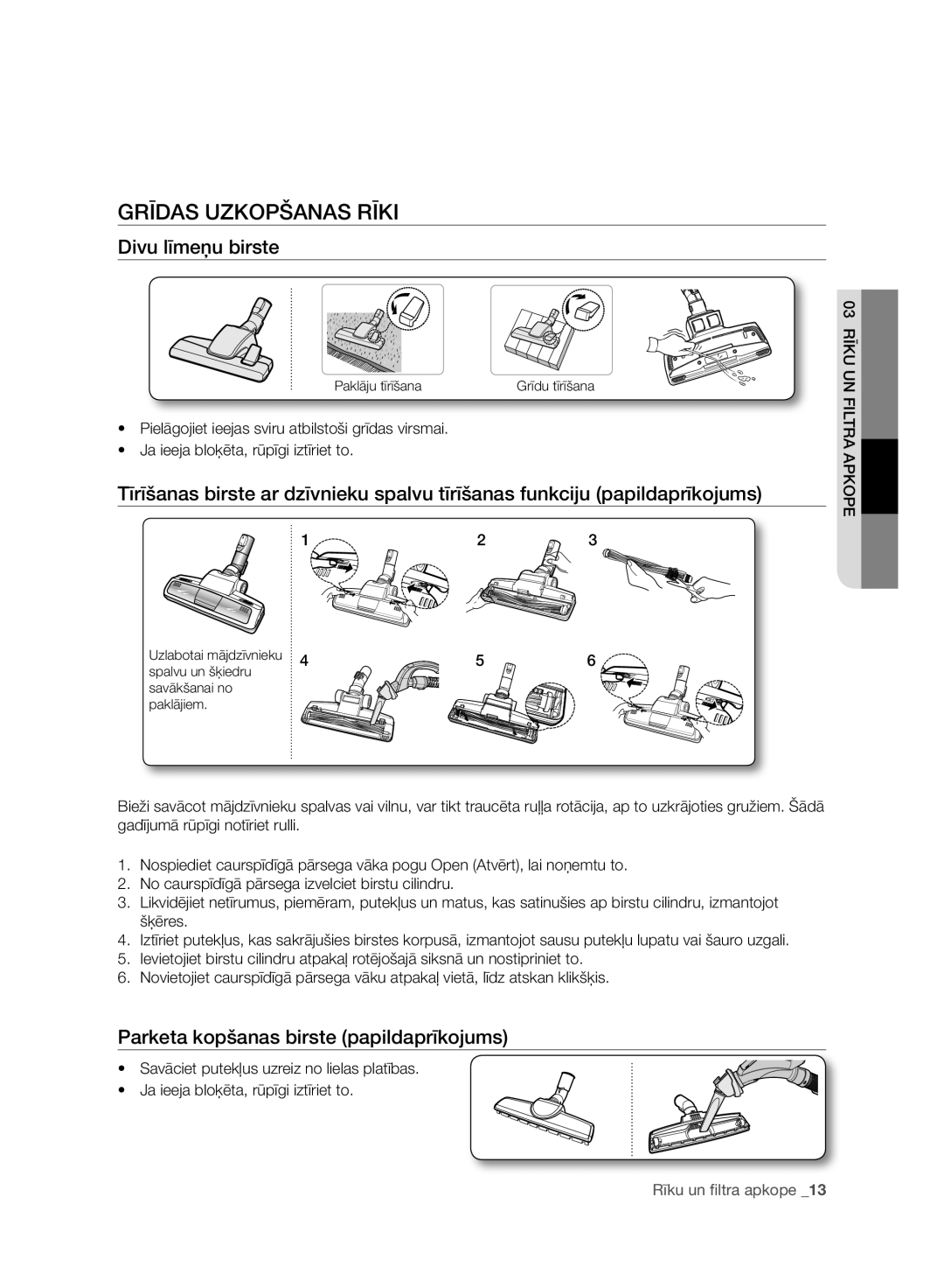 Samsung VC15F50VNVR/SB manual Grīdas Uzkopšanas Rīki, Divu līmeņu birste, Parketa kopšanas birste papildaprīkojums 