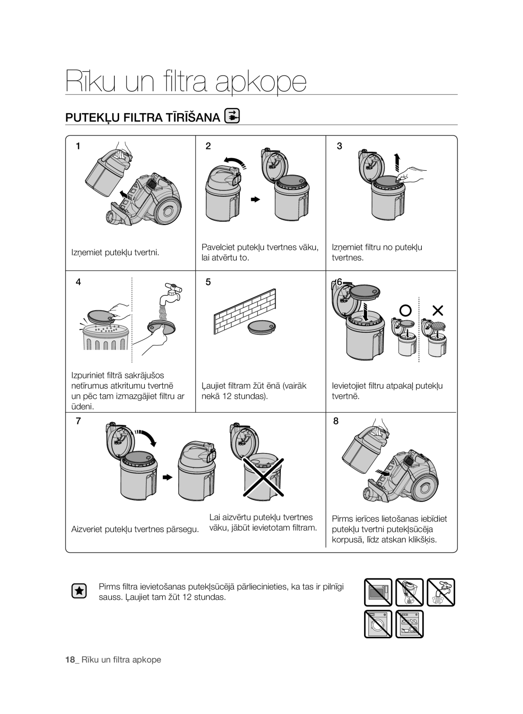 Samsung VC15F50VNVR/SB, VC15F50HUYU/SB, VC07F50VNVR/SB, VC21F50HUDU/SB, VC07F50HU1U/SB manual 18 Rīku un ﬁltra apkope 