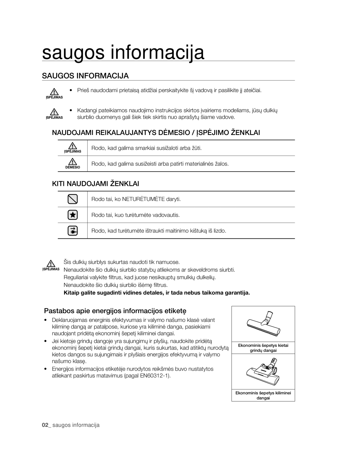 Samsung VC21F50HUDU/SB manual Saugos informacija, Saugos Informacija, Pastabos apie energijos informacijos etiketę 