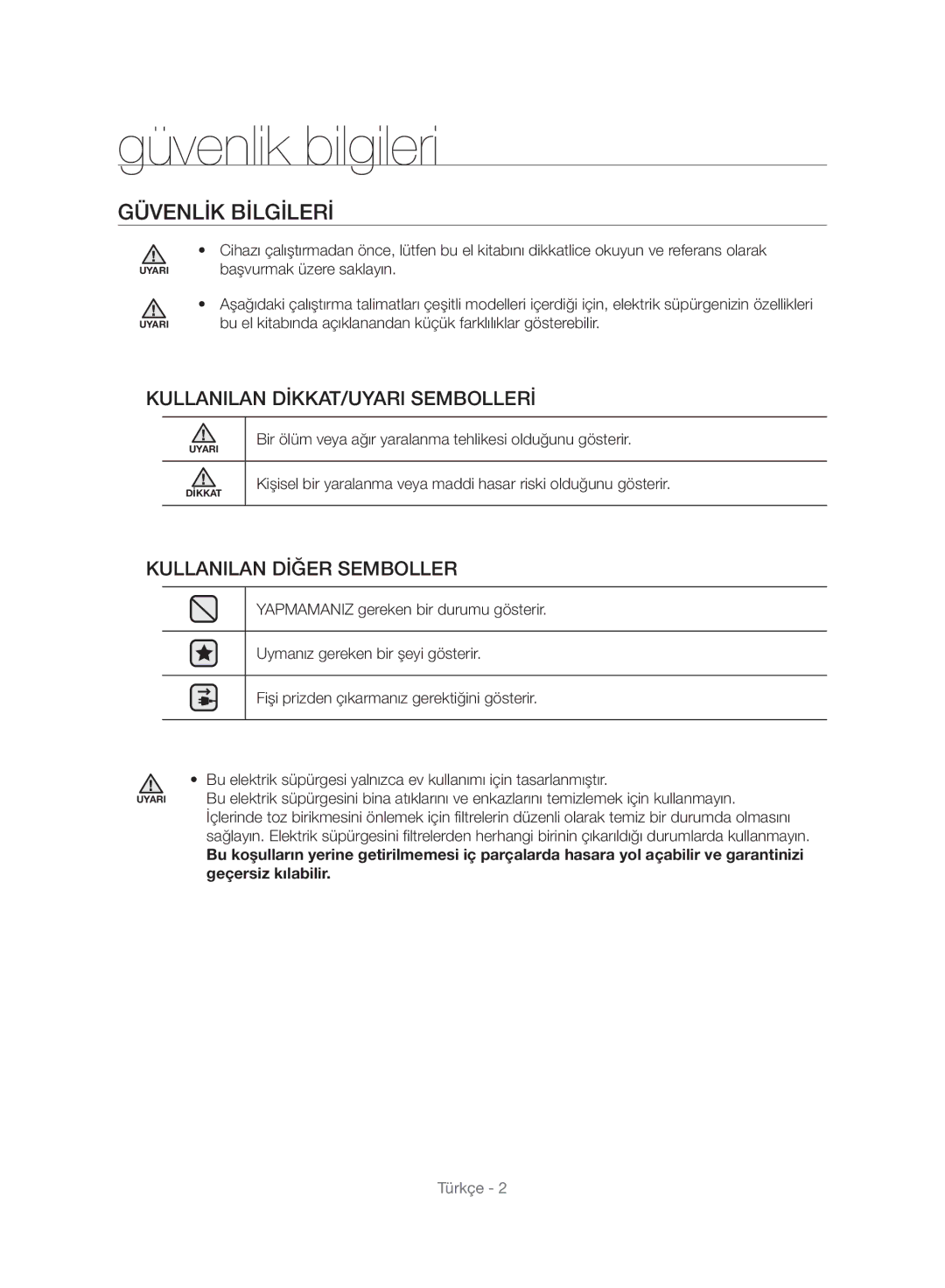 Samsung VC21F60WNAR/EG, VC15F60WNUR/GE, VC21F60WNAR/TR, VC21F60WNAR/GE manual Güvenlik bilgileri, Güvenlik Bilgileri 