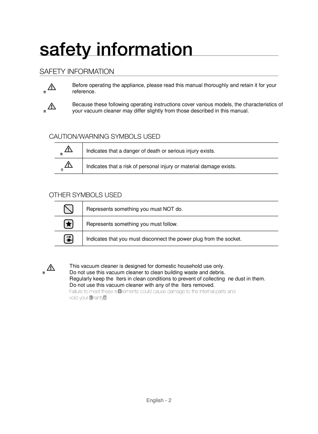 Samsung VC15F60WNUR/GE, VC21F60WNAR/TR, VC21F60WNAR/EG, VC21F60WNAR/GE manual Safety information, Safety Information 