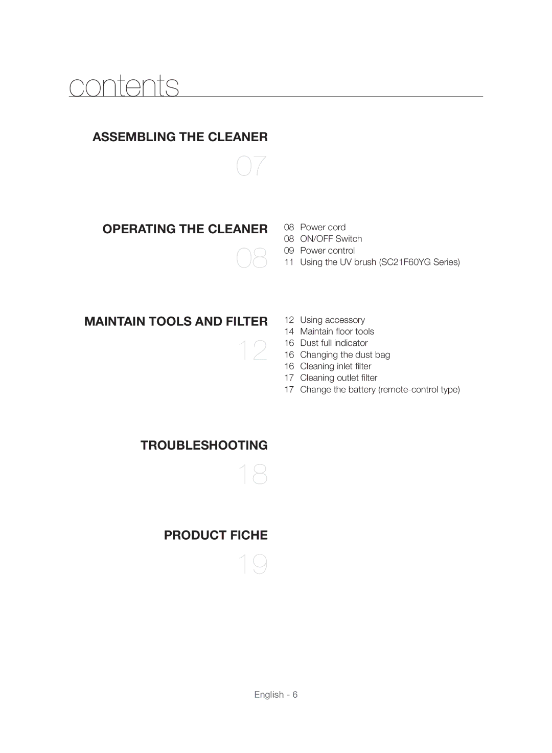 Samsung VC15F60WNUR/GE, VC21F60WNAR/TR, VC21F60WNAR/EG, VC21F60WNAR/GE manual Contents 