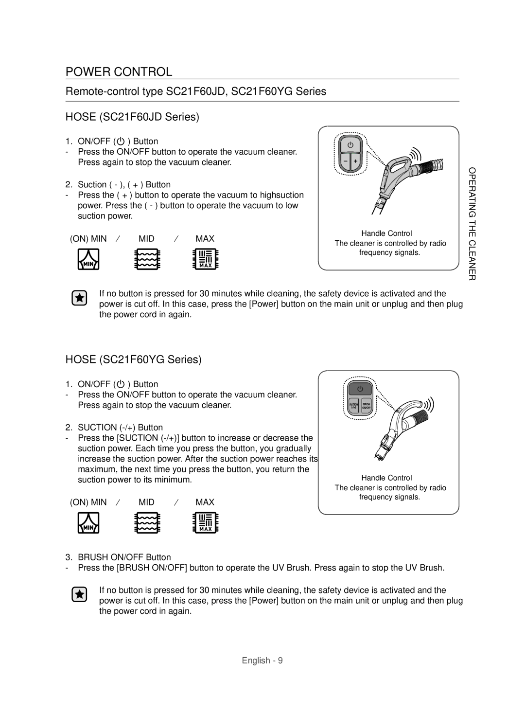 Samsung VC21F60WNAR/GE, VC15F60WNUR/GE, VC21F60WNAR/TR manual Power Control, Remote-control type SC21F60JD, SC21F60YG Series 