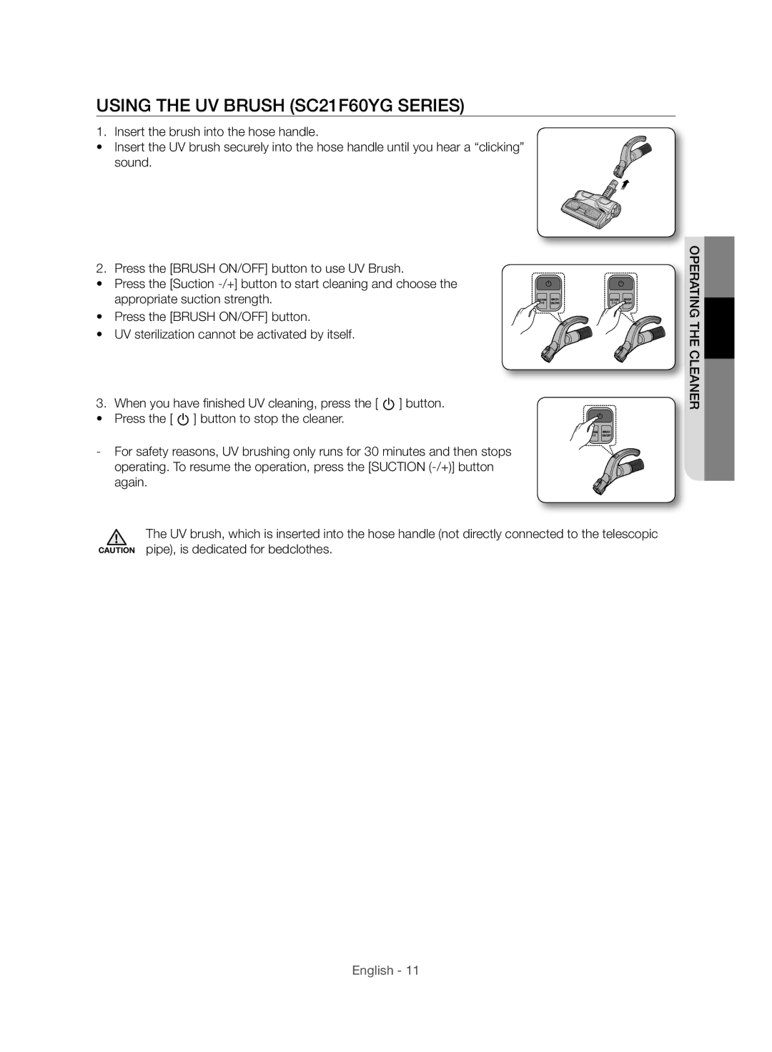 Samsung VC21F60WNAR/TR, VC15F60WNUR/GE, VC21F60WNAR/EG, VC21F60WNAR/GE manual Using the UV Brush SC21F60YG Series 