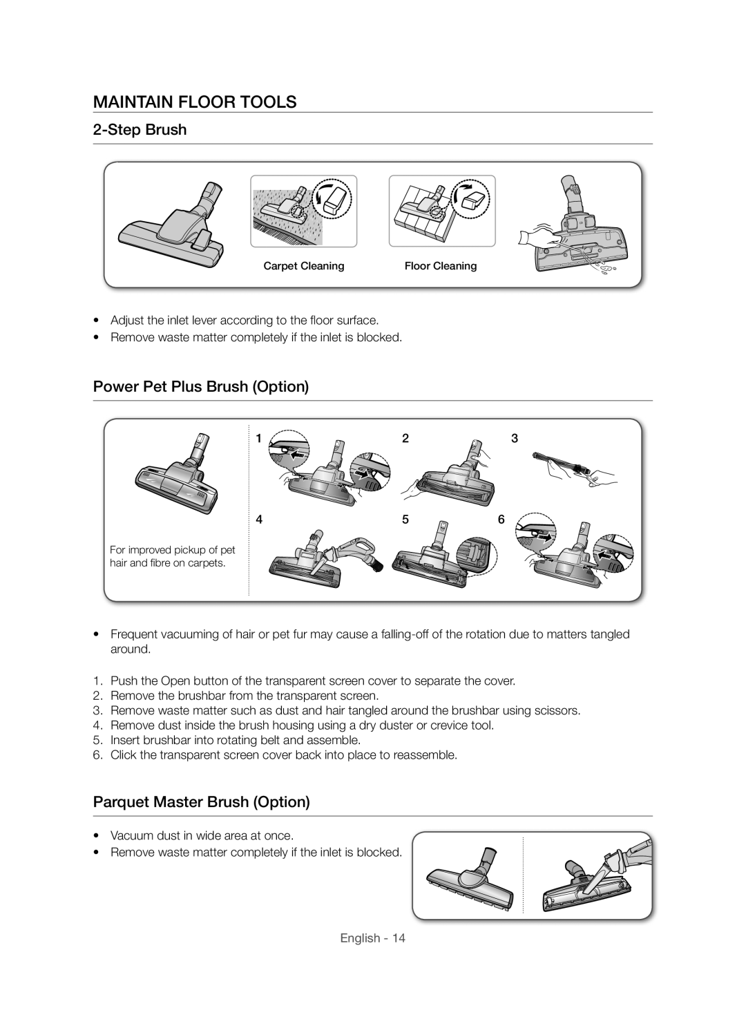 Samsung VC15F60WNUR/GE manual Maintain Floor Tools, Step Brush, Power Pet Plus Brush Option, Parquet Master Brush Option 