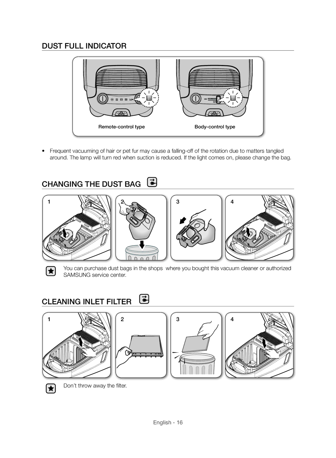 Samsung VC21F60WNAR/EG, VC15F60WNUR/GE, VC21F60WNAR/TR Dust Full Indicator, Changing the Dust BAG, Cleaning Inlet Filter 