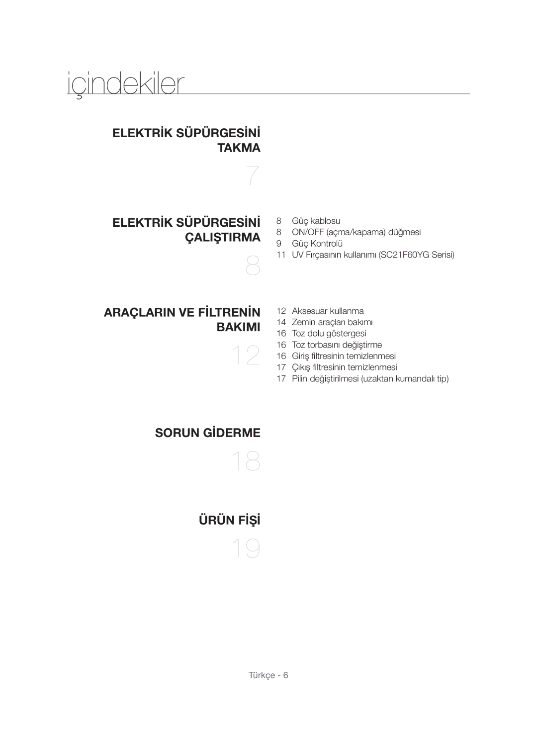 Samsung VC21F60WNAR/EG, VC15F60WNUR/GE, VC21F60WNAR/TR, VC21F60WNAR/GE manual Içindekiler, Çaliştirma 