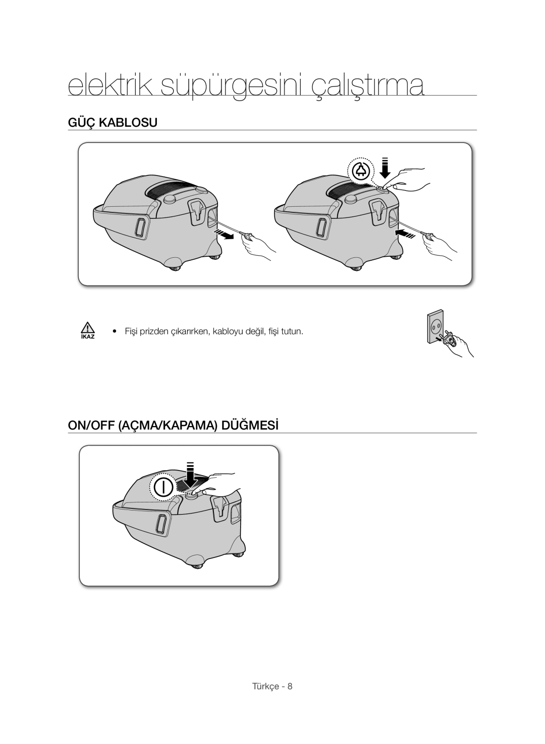 Samsung VC15F60WNUR/GE, VC21F60WNAR/TR manual Elektrik süpürgesini çalıştırma, GÜÇ Kablosu, ON/OFF AÇMA/KAPAMA Düğmesi 