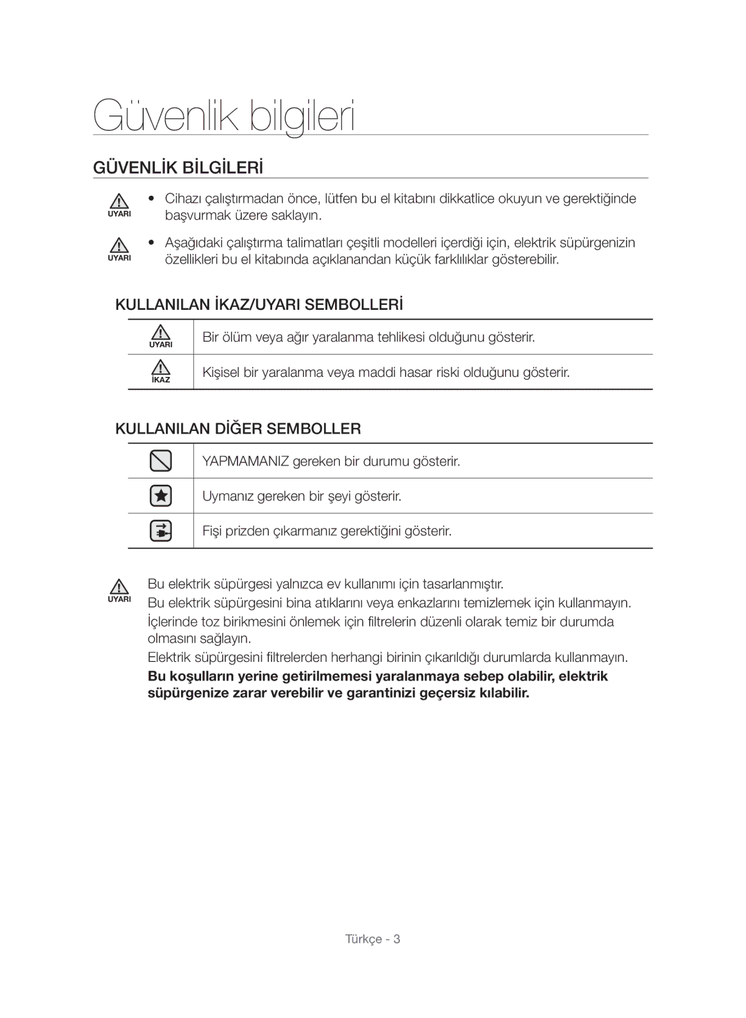 Samsung VC15F70HUSC/TR, VC20F70HUCC/TR, VC20F70HUCC/EG manual Güvenlik bilgileri, Güvenlik Bilgileri 