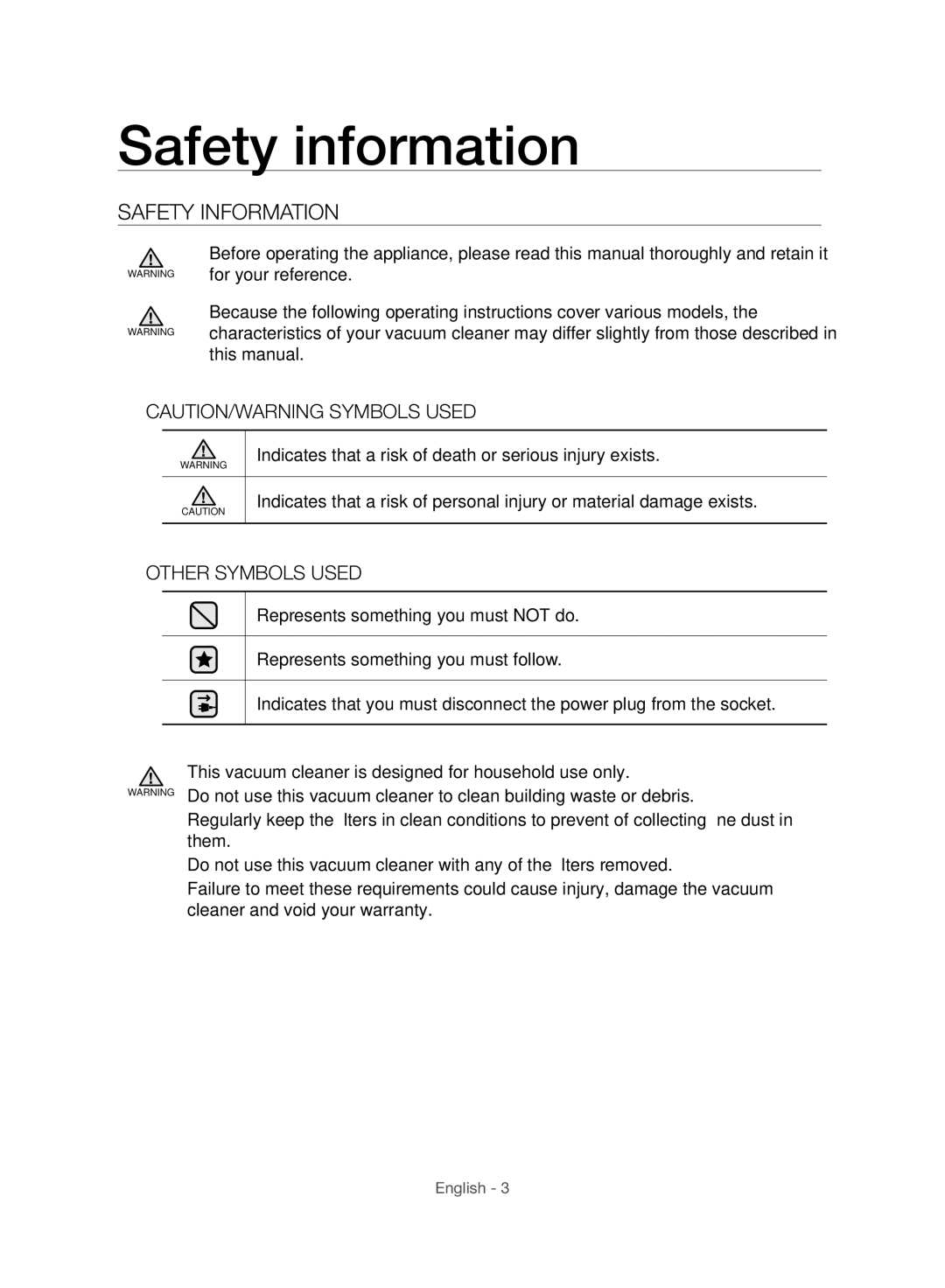 Samsung VC20F70HUCC/TR, VC15F70HUSC/TR, VC20F70HUCC/EG manual Safety information, Safety Information 