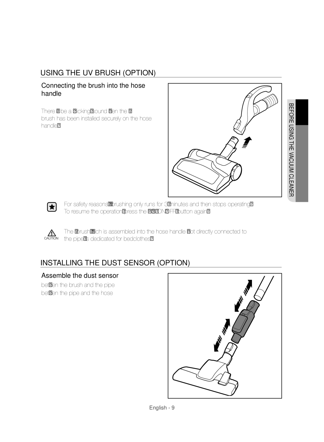 Samsung VC20F70HUCC/TR manual Using the UV Brush Option, Installing the Dust Sensor Option, Assemble the dust sensor 