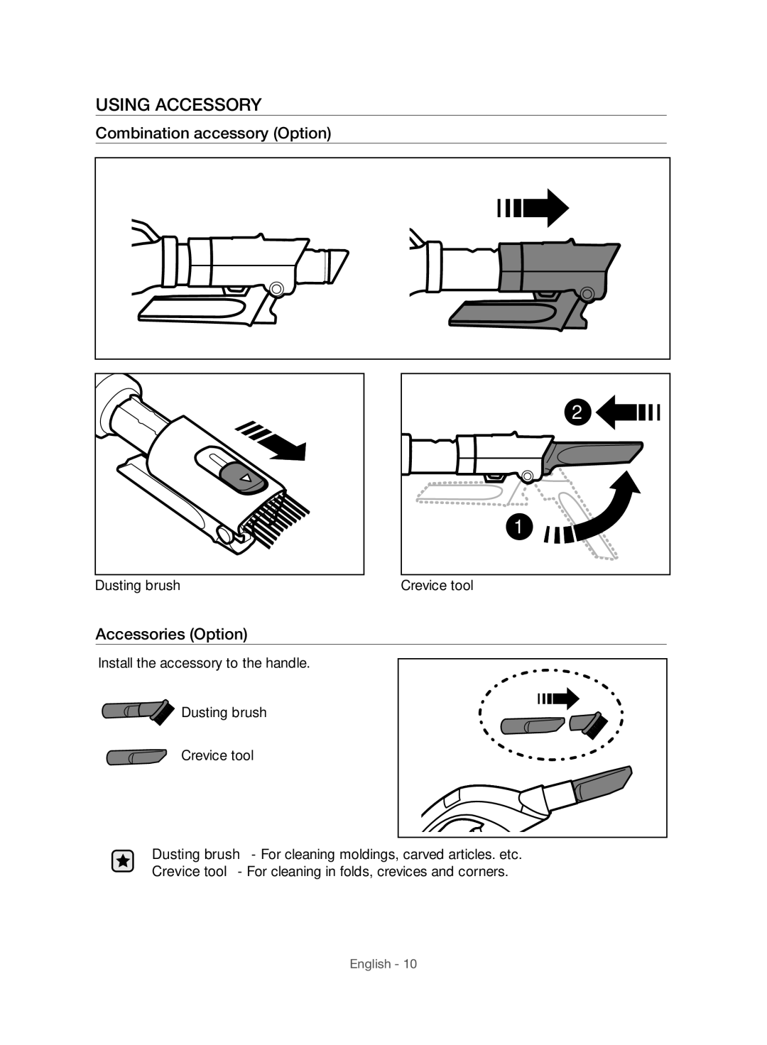 Samsung VC20F70HUCC/EG, VC15F70HUSC/TR, VC20F70HUCC/TR Using Accessory, Combination accessory Option, Accessories Option 