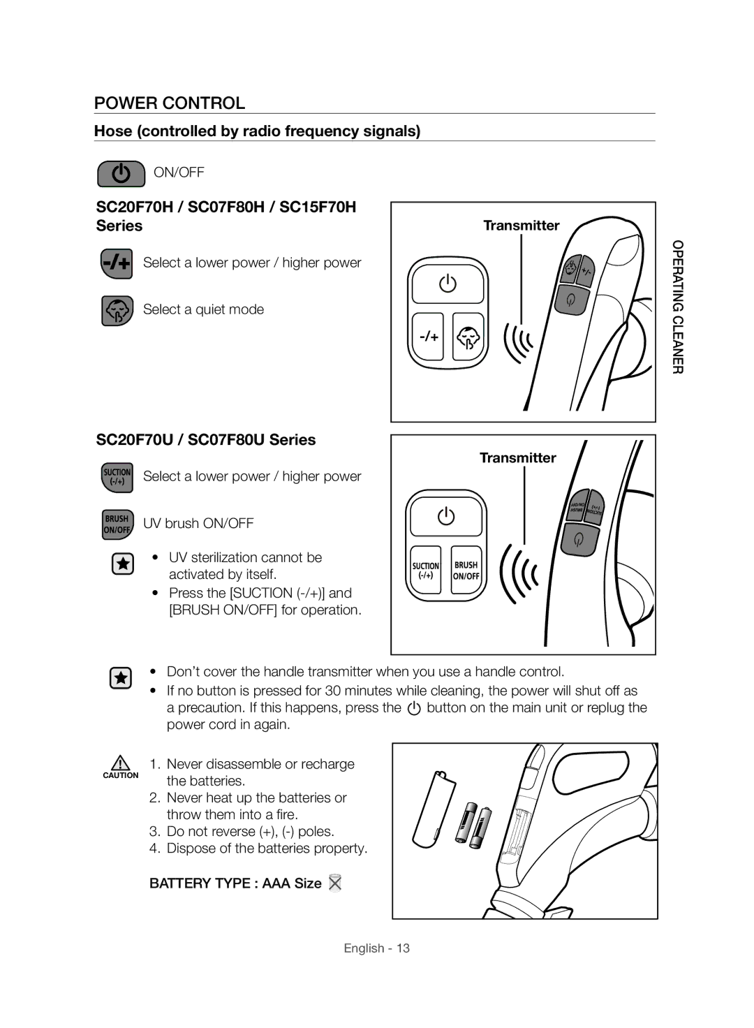 Samsung VC20F70HUCC/EG, VC15F70HUSC/TR, VC20F70HUCC/TR manual Power Control, SC20F70U / SC07F80U Series 